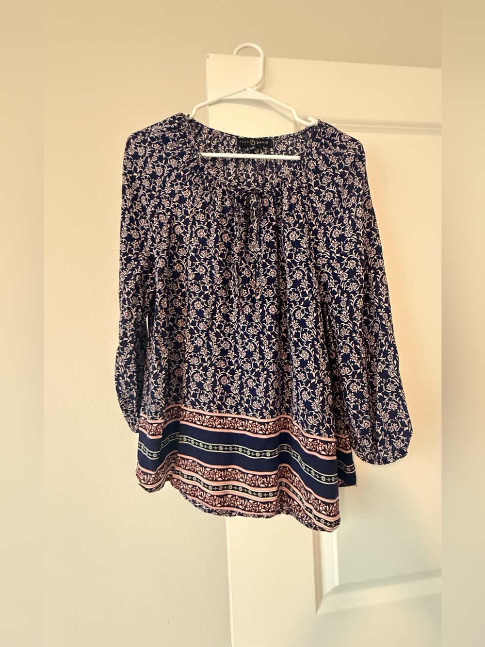 Fred David Navy and Cream Floral Border Print Blouse
